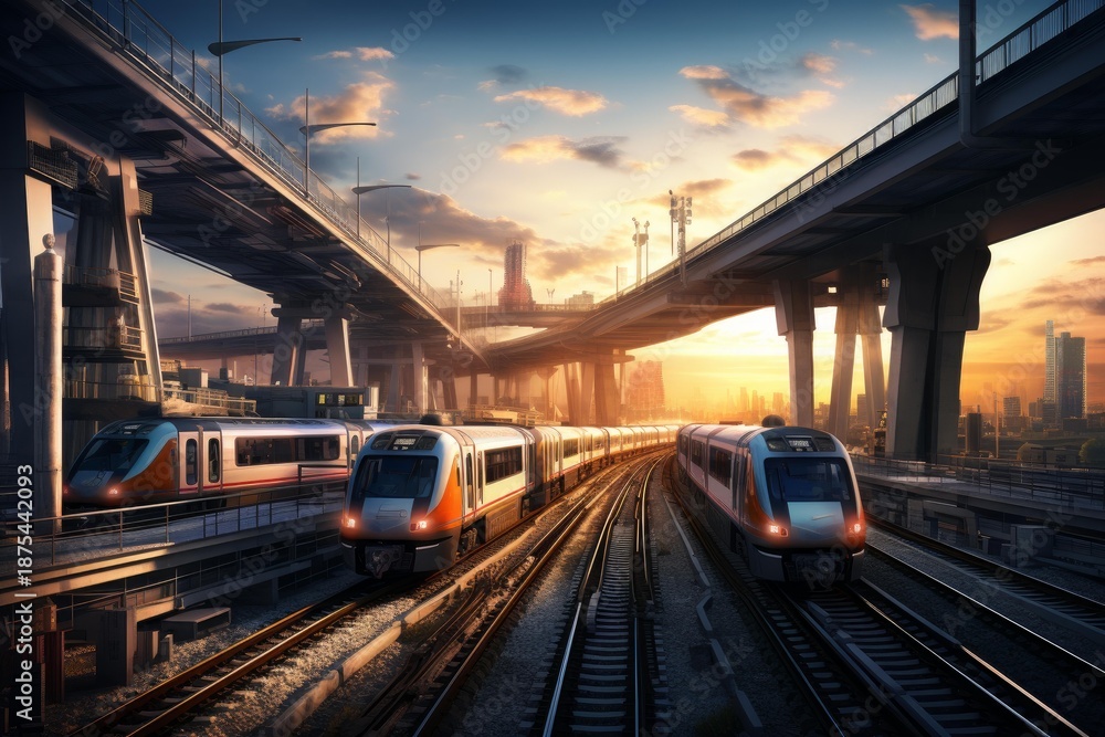 Fototapeta premium Modern trains using public transport railway network in a big city at urban sunset