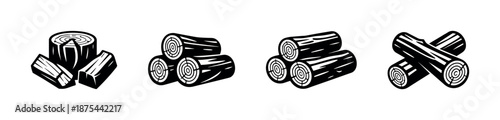 Wood logs vector icons set: classic timber symbols, lumber illustration pack