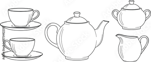 Hand drawn black and white line art illustration set featuring essential ceramic tea service pieces including cups saucers teapot sugar bowl and creamer jug.