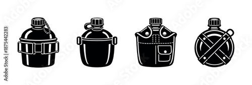 Camping vector icons set: water canteens, outline, travel gear, adventure symbols