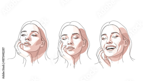 A set of three sensitive line art portraits of a young woman's face expressing various emotions from pensive to happy and serene.