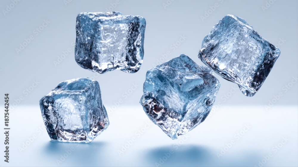 Obraz premium Four clear ice cubes floating and reflecting light against a soft blue background, ideal for beverage and cooling concepts