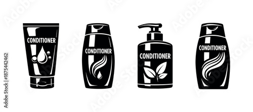 Hair conditioner vector icons set: bottles, tubes, packaging design elements