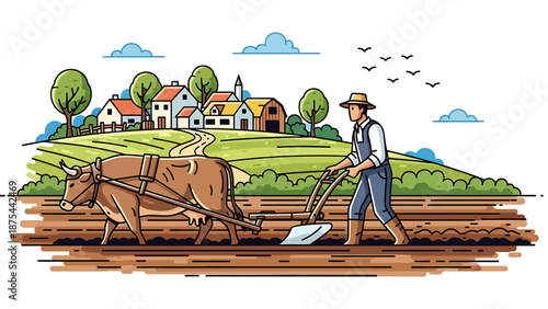 Farmer plowing field with oxen in rural village landscape