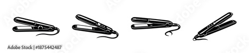 Hair styling tools vector icons set: flat, solid, outline straighteners symbols