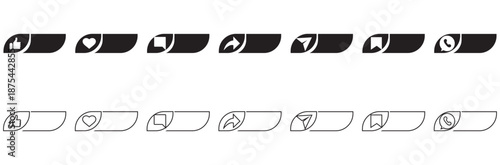 Social media interaction icons outline and solid. Set of social media interface icons showing like, comment, share, favorite, and send actions in outline and solid styles on white background.

