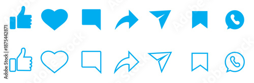 Social media interaction icons outline and solid. Set of social media interface icons showing like, comment, share, favorite, and send actions in outline and solid styles on white background.

