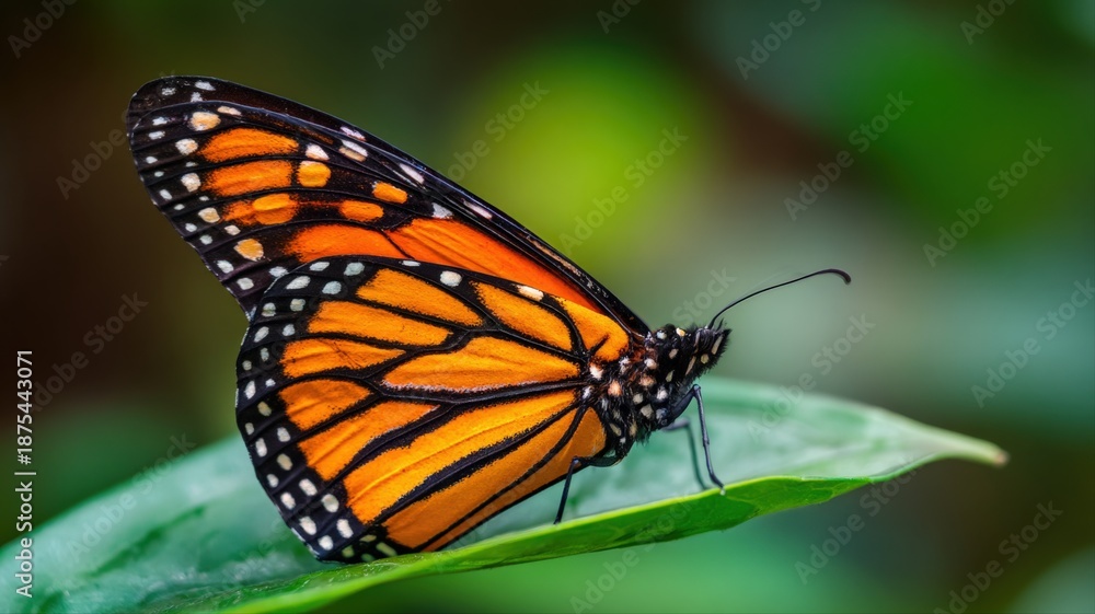 Obraz premium Monarch Butterfly Resting on Green Leaf: Vibrant Orange Wings with Intricate Black and White Markings