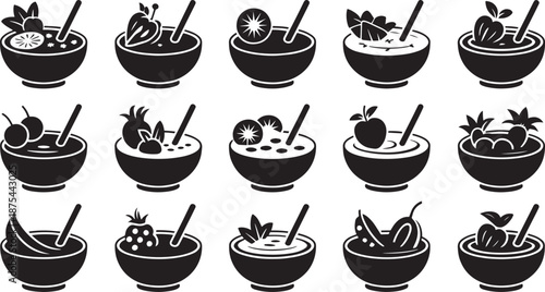 Black and White Smoothie Bowl Icons with Various Fruits