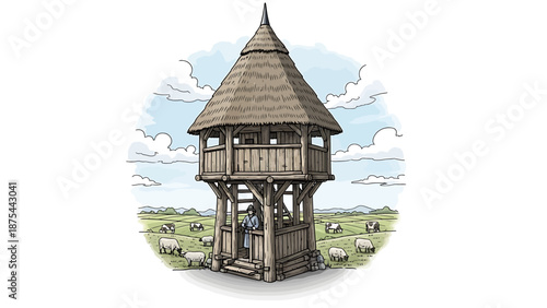 Rustic wooden tower in a serene countryside setting with sheep grazing