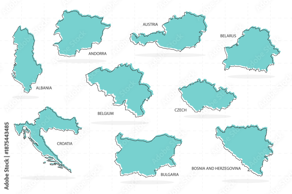 Obraz premium set of line country and shadow in Europe includes austria, andorra, albania, belarus, belgium, czech, croatia, bulgaria, bosnia and herzegovina.