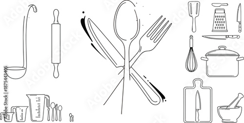 Collection of minimalist line art kitchen utensils and cooking tools featuring measuring cups ladles pots spatulas whisks and crossed silverware for culinary concepts