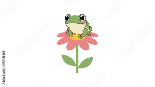 Cute and simple cartoon illustration of a happy green frog with rosy cheeks sitting on top of a pink flower with green leaves.
