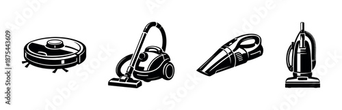 Home cleaning appliances vector icons set: vacuum, robot, handheld, upright