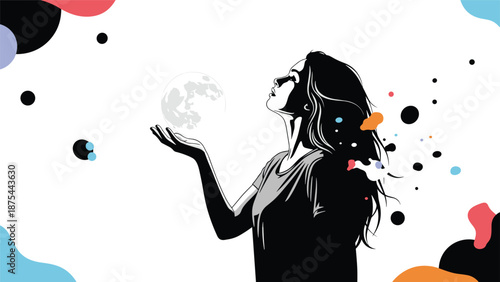 Black and white illustration of a woman looking up while holding the full moon, with abstract colorful shapes floating in the background.