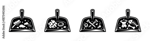 Cleaning tools vector icons set: dustpan collection with broom, garbage, waste symbols