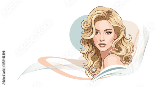 Beautiful portrait of a glamorous blonde woman with long, curly hair and perfect makeup, with abstract soft waves in the background.