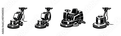 Cleaning equipment vector icons set: floor polisher, scrubber, buffer machine