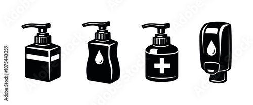 Hand sanitizer vector icons set: hygiene, dispenser, cleanliness essentials