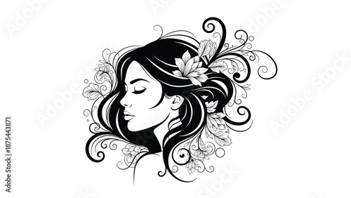 Elegant black and white portrait of a beautiful woman with closed eyes, her hair adorned with a flower and decorative floral swirls.
