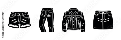 Fashion apparel vector icons set: denim shorts, jeans, jacket, skirt