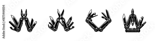 Multitool vector icons set with pliers, knives, tools, and gadgets in black silhouette