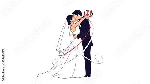 Minimalist illustration of a bride and groom kissing on their wedding day, the groom in a black suit and bride in a white gown.