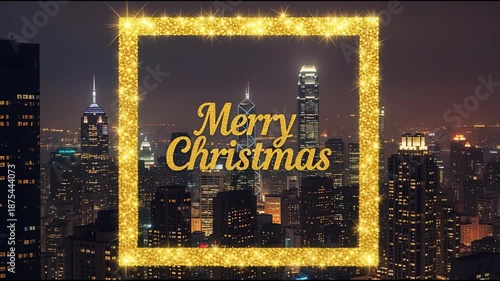Glittering merry christmas greeting over cityscape at night