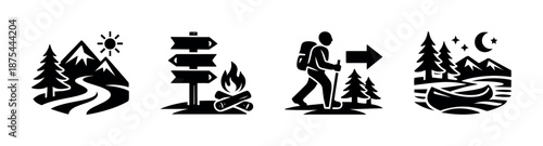 Camping adventure vector icons set: hiking, campfire, forest, canoe