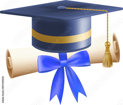 3d diploma scroll with graduate hat. Vintage roll paper with blue mortarboard. Graduation education certificate of university, college, or school. Vector illustration. EPS 10.