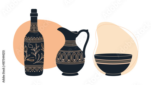 Boho-style illustration of antique pottery, including a decorated bottle, a pitcher, and a bowl, with abstract shapes background.