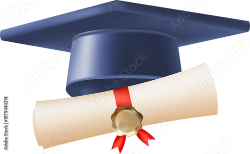 3d diploma scroll with graduate hat. Vintage roll paper with blue mortarboard. Graduation education certificate of university, college, or school. Vector illustration. EPS 10.