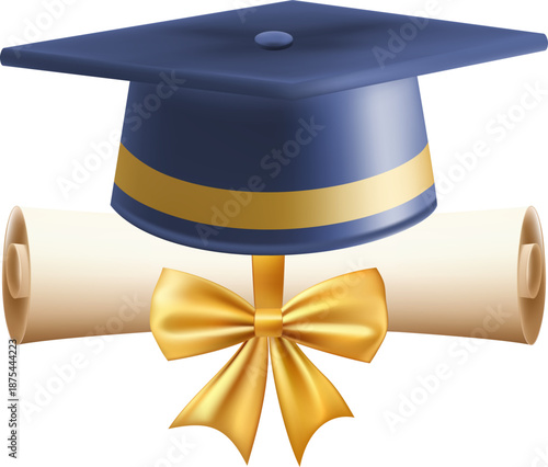 3d diploma scroll with graduate hat. Vintage roll paper with blue mortarboard. Graduation education certificate of university, college, or school. Vector illustration. EPS 10.