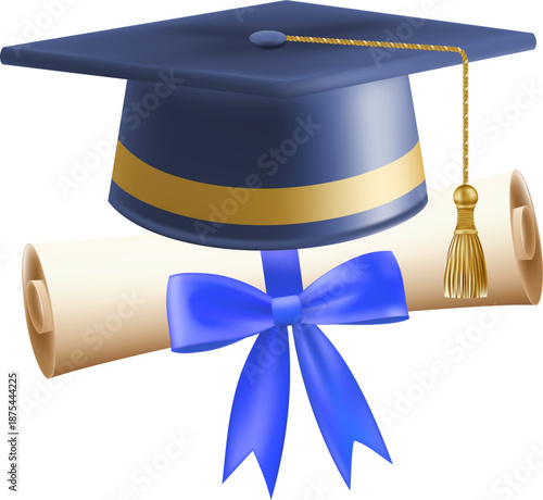 3d diploma scroll with graduate hat. Vintage roll paper with blue mortarboard. Graduation education certificate of university, college, or school. Vector illustration. EPS 10.