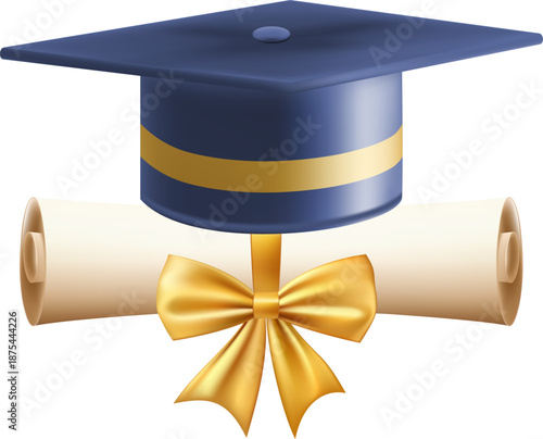 3d diploma scroll with graduate hat. Vintage roll paper with blue mortarboard. Graduation education certificate of university, college, or school. Vector illustration. EPS 10.