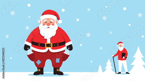 Christmas cartoon of a sad Santa Claus with empty pockets and patches, contrasted with a smaller, stylishly dressed modern Santa.
