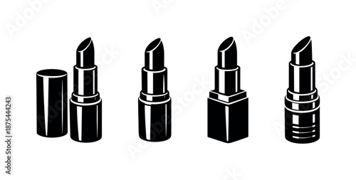 Lipstick vector icons set: makeup essentials, cosmetics silhouette illustrations