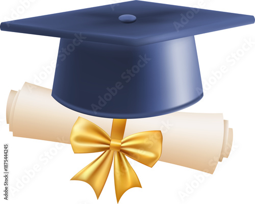 3d diploma scroll with graduate hat. Vintage roll paper with blue mortarboard. Graduation education certificate of university, college, or school. Vector illustration. EPS 10.