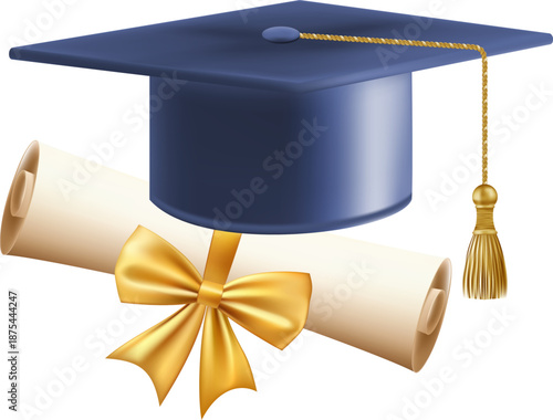 3d diploma scroll with graduate hat. Vintage roll paper with blue mortarboard. Graduation education certificate of university, college, or school. Vector illustration. EPS 10.