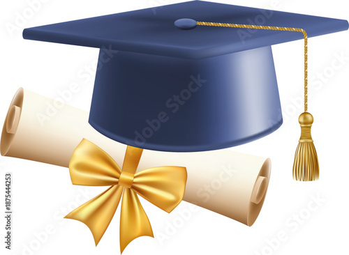 3d diploma scroll with graduate hat. Vintage roll paper with blue mortarboard. Graduation education certificate of university, college, or school. Vector illustration. EPS 10.