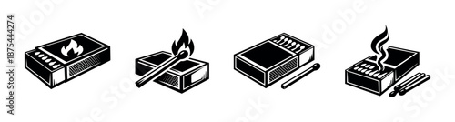 Matchbox vector icons set: retro-style matchsticks and boxes collection