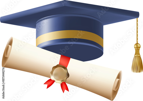 3d diploma scroll with graduate hat. Vintage roll paper with blue mortarboard. Graduation education certificate of university, college, or school. Vector illustration. EPS 10.
