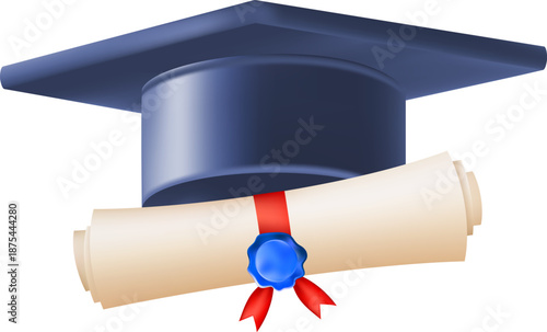3d diploma scroll with graduate hat. Vintage roll paper with blue mortarboard. Graduation education certificate of university, college, or school. Vector illustration. EPS 10.