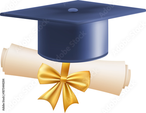 3d diploma scroll with graduate hat. Vintage roll paper with blue mortarboard. Graduation education certificate of university, college, or school. Vector illustration. EPS 10.