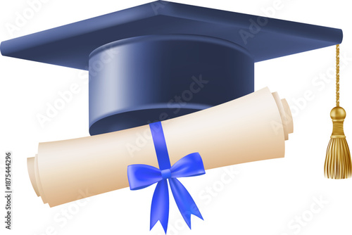 3d diploma scroll with graduate hat. Vintage roll paper with blue mortarboard. Graduation education certificate of university, college, or school. Vector illustration. EPS 10.