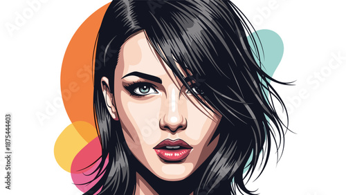 Pop art style portrait of a beautiful young woman with black hair and striking green eyes, against a background of colorful circles.