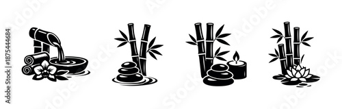 Zen garden vector icons set: japanese elements, spa symbols, bamboo, stones, candle