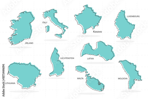 set of line country and shadow in Europe includes ireland, italy, kosovo, luxembourg, latvia, liechtenstein, lithuania, malta, and moldova.