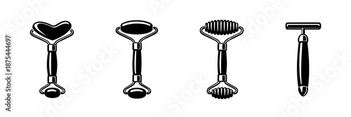 Facial massage tools vector icons set with rollers and gua sha symbols for wellness
