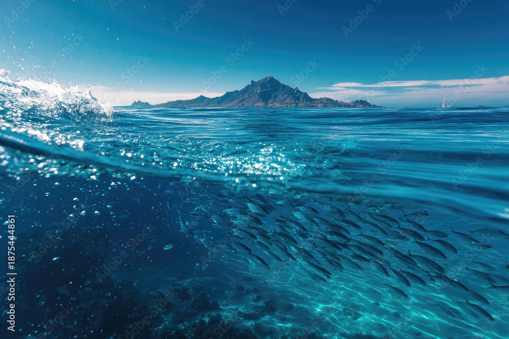 Fototapeta premium Split shot showcasing a turquoise ocean's depths, a distant island, and sky